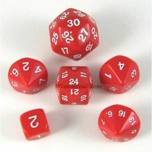 Who Knew Dice Set Red (d3, d5, d7, d16, d24, d30)